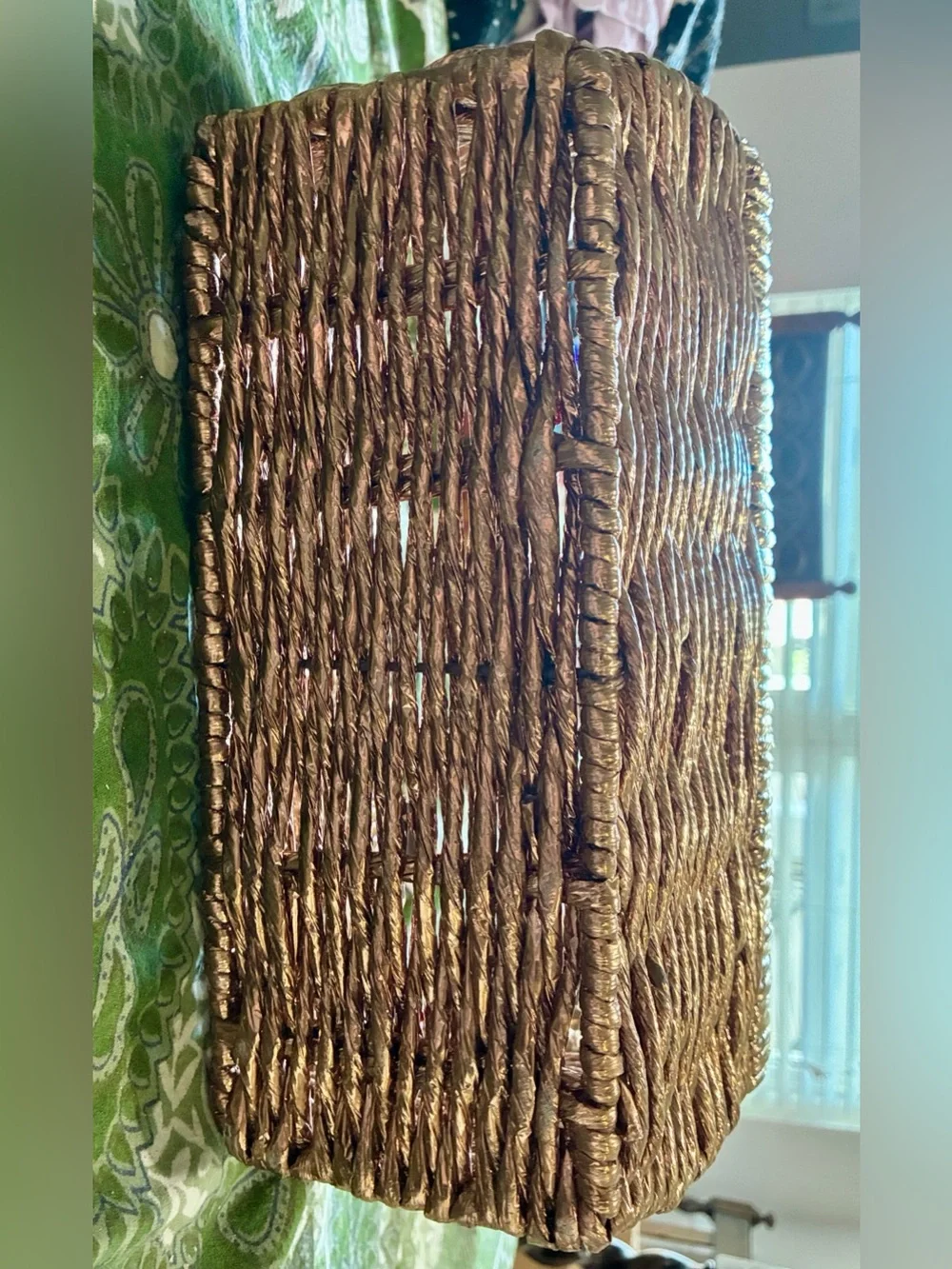 Metallic Gold Woven Abaca Rope Basket, Late 20th Century Rectangle with Handles.